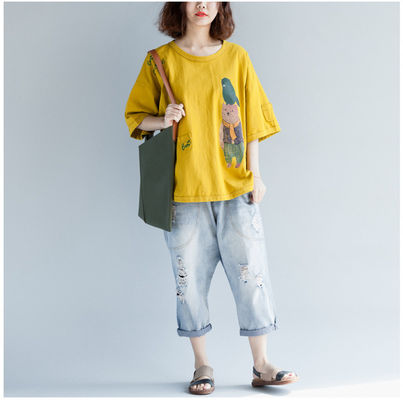 buy 大码纯棉印花T恤2018夏季新品韩版宽松简约胖mm短袖上衣女 online manufacture