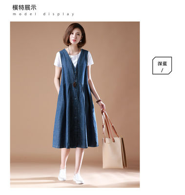 buy 春夏；女；无袖牛仔背带裙；V领；中长款；大码；宽松；A字；牛仔背心连衣裙 online manufacture